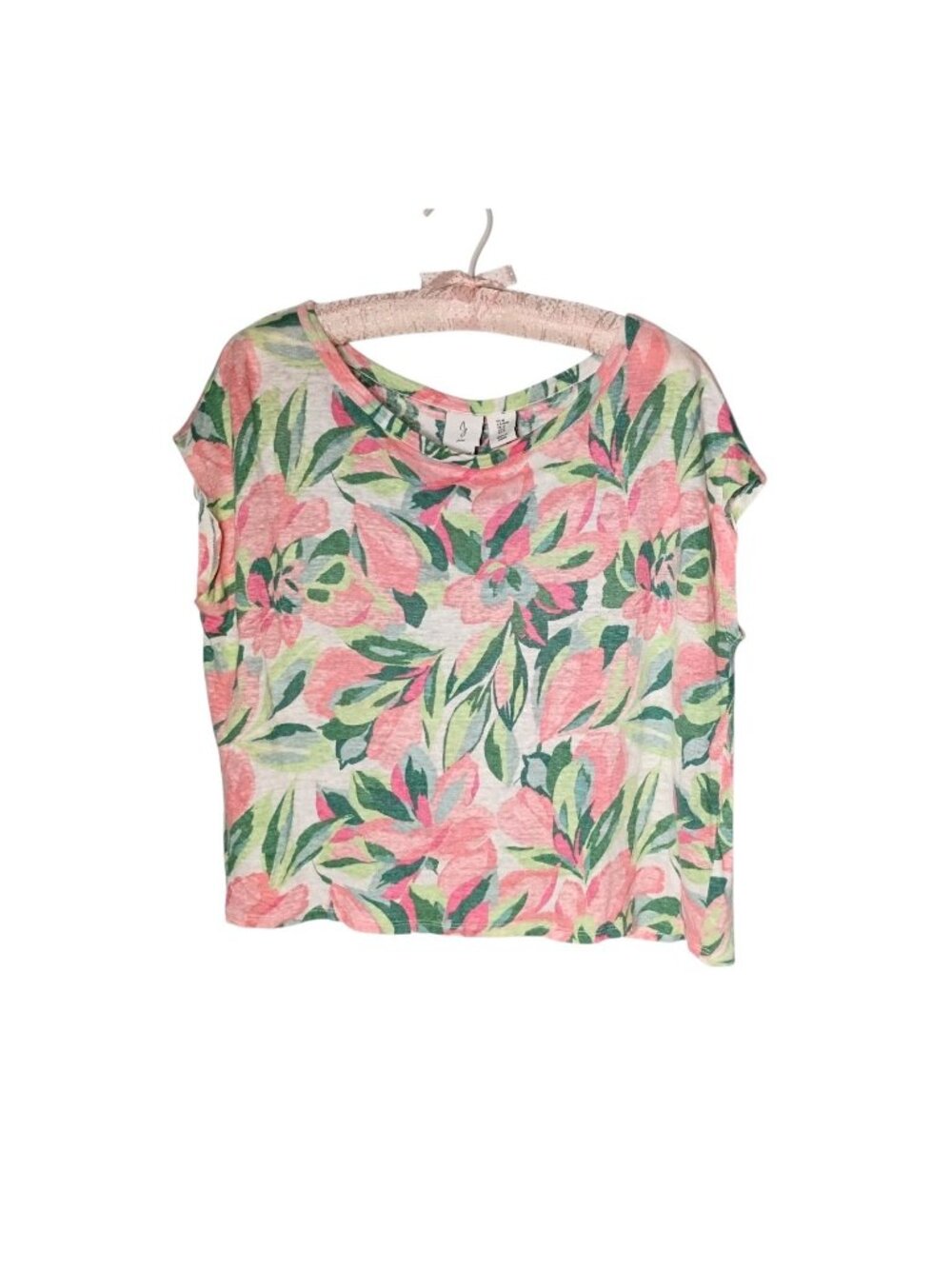 Joie 100% Linen Floral Lagenlook Crop Top M Boxy Tropical Lightweight Beach